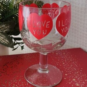 Vintage "I Love You" Red Hearts Thumbprint  Glass Goblet